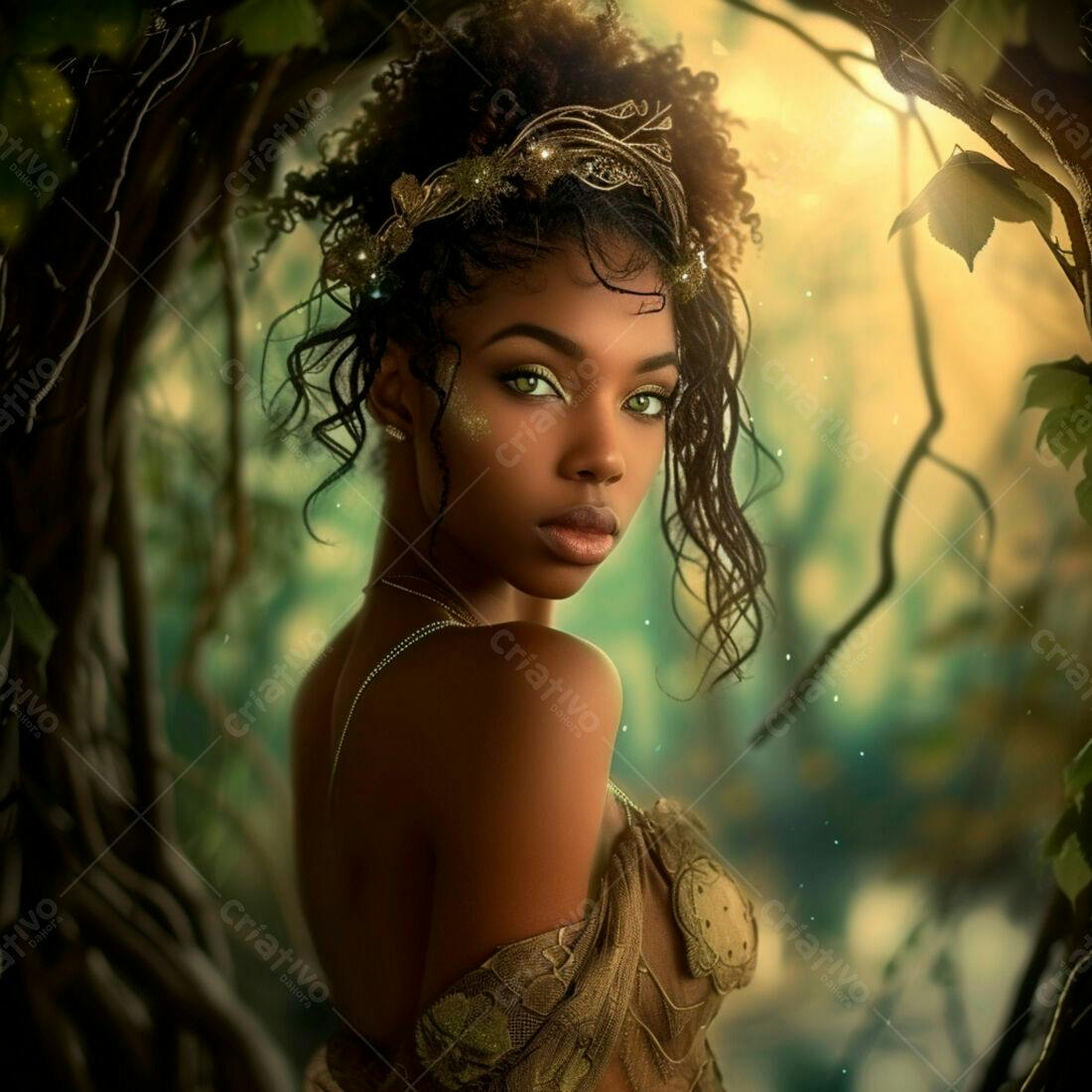 Mulher negra em floresta mística com coroa dourada