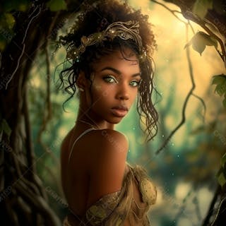 Imagine uma mulher negra parada no coração de uma floresta 17