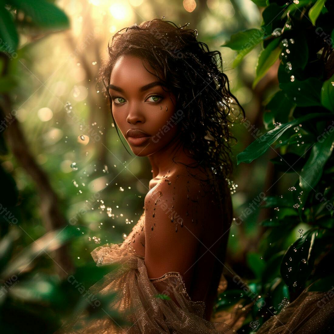 Modelo negra em floresta tropical com água