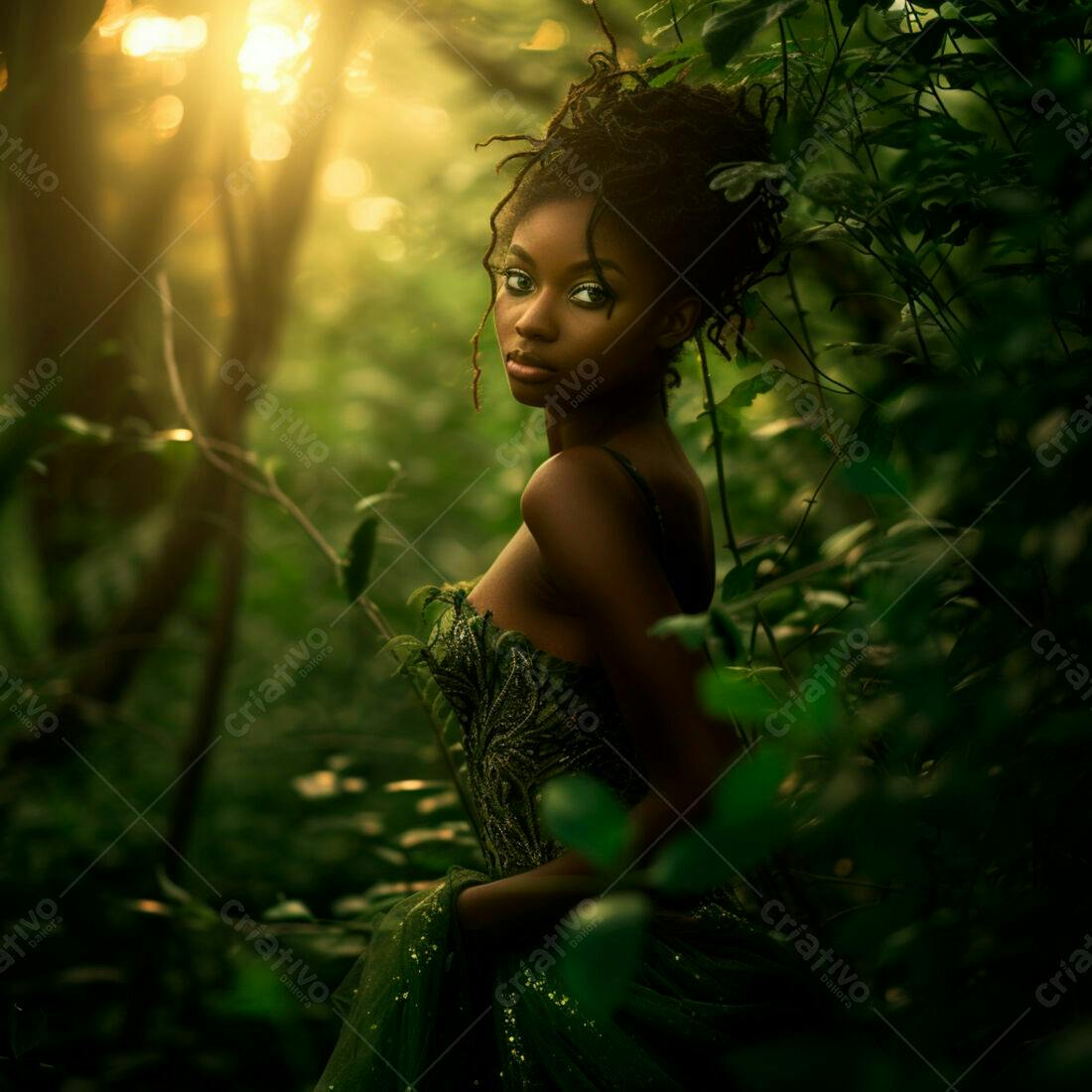 Mulher negra em vestido verde floresta encantada