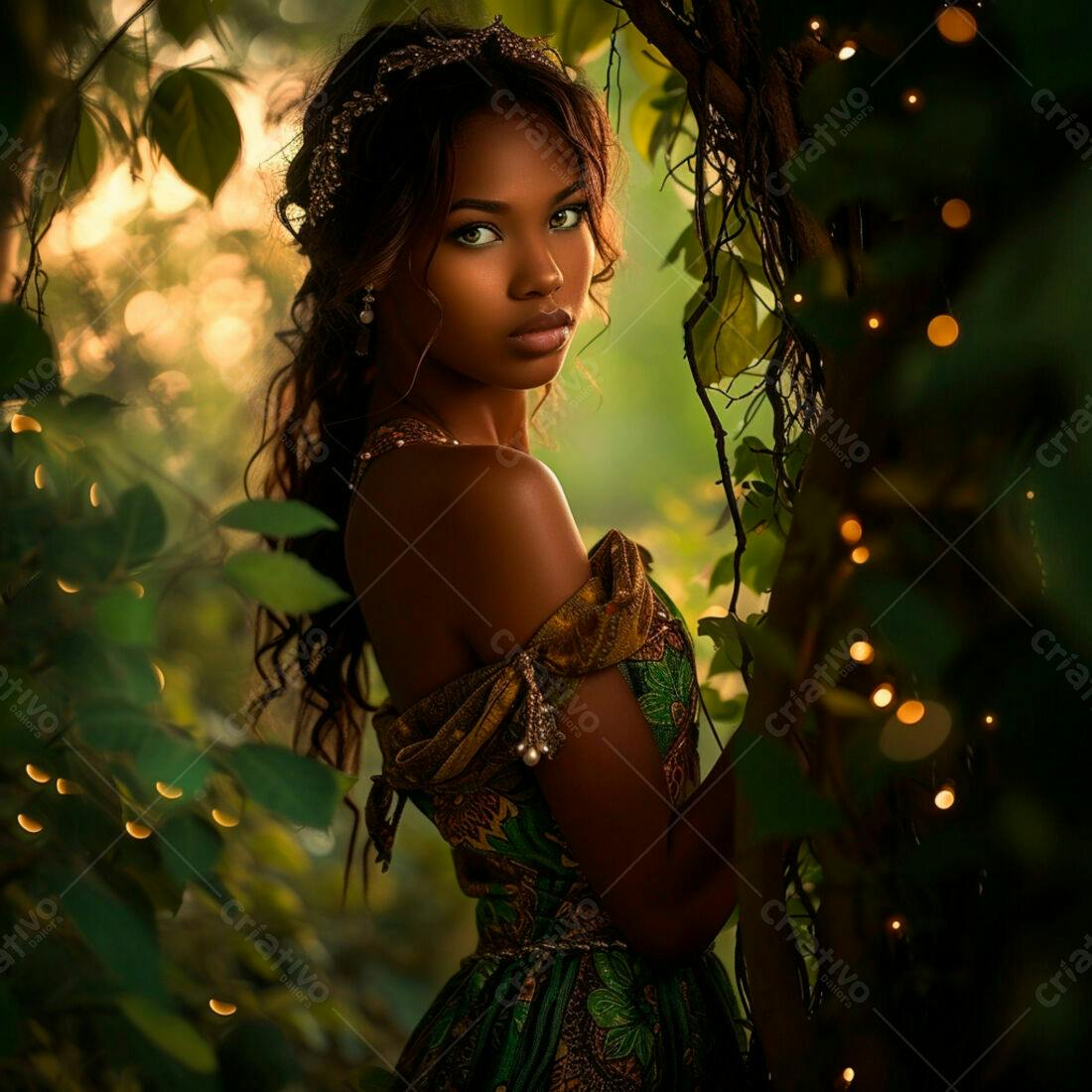 Modelo negra em vestido verde em jardim mágico