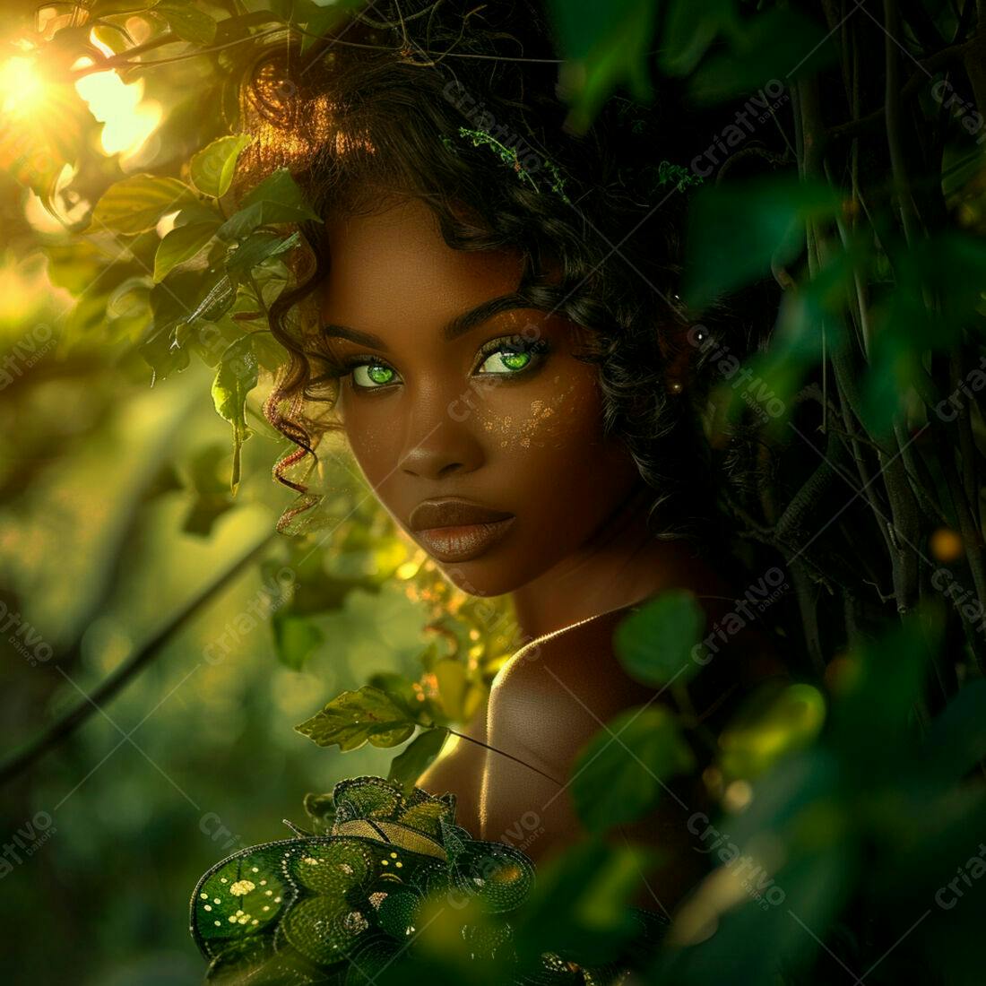 Mulher negra em floresta verde