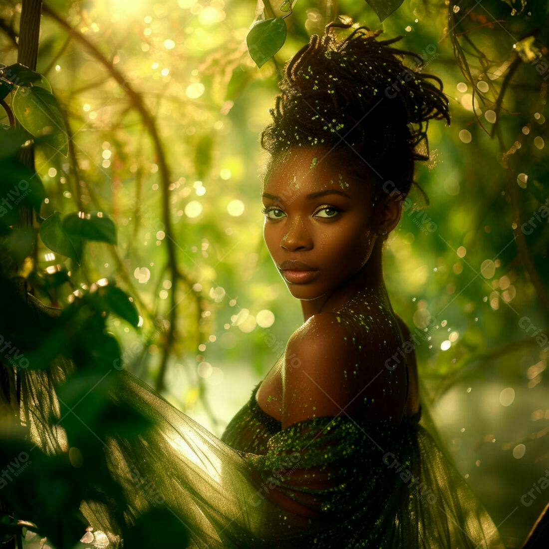 Modelo negra em floresta verde