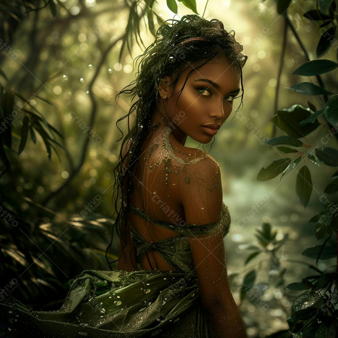 Modelo negra em floresta tropical úmida