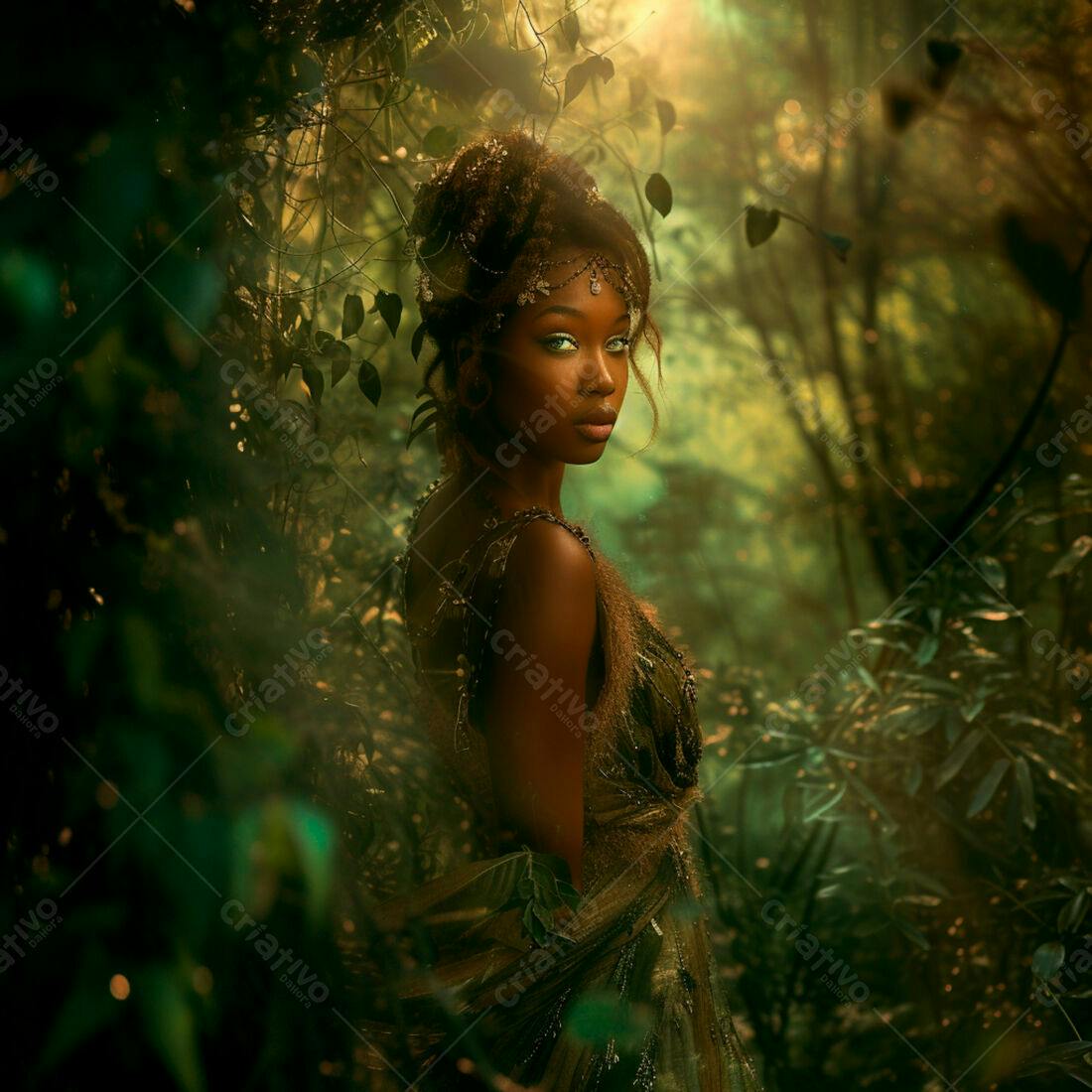 Mulher negra em vestido verde floresta encantada