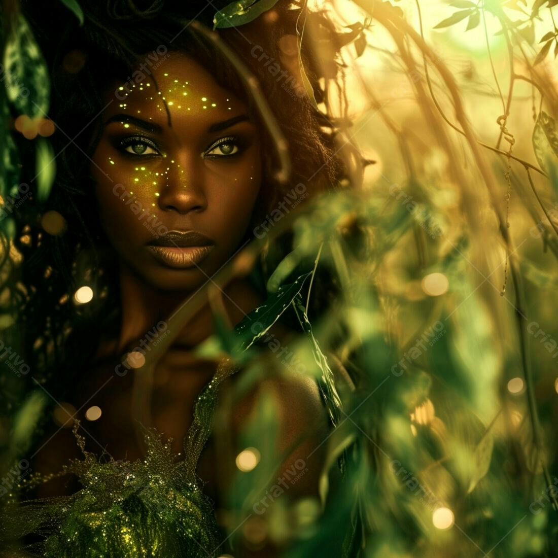 Mulher negra na floresta com maquiagem brilhante