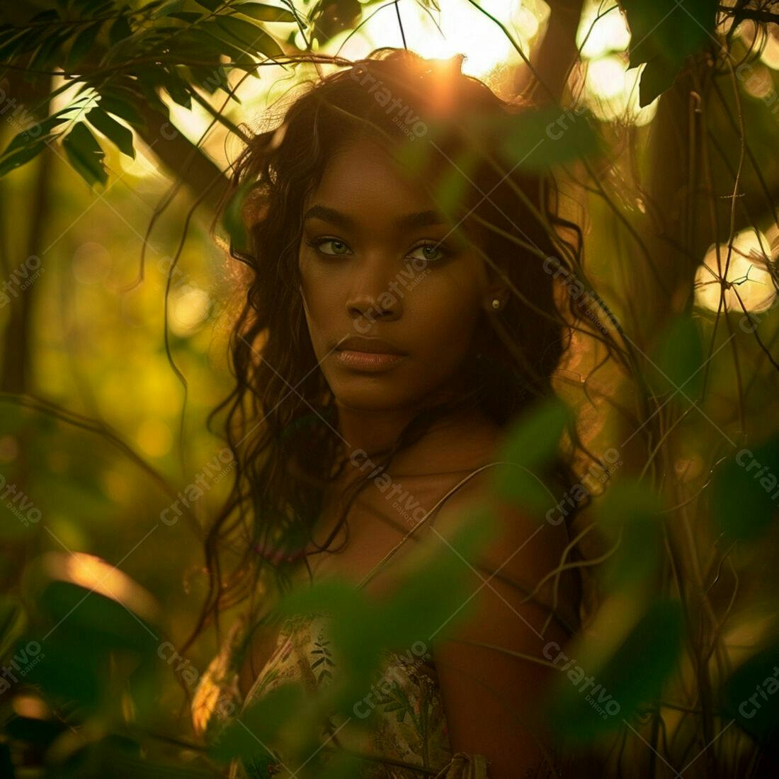 Mulher negra em floresta ao entardecer