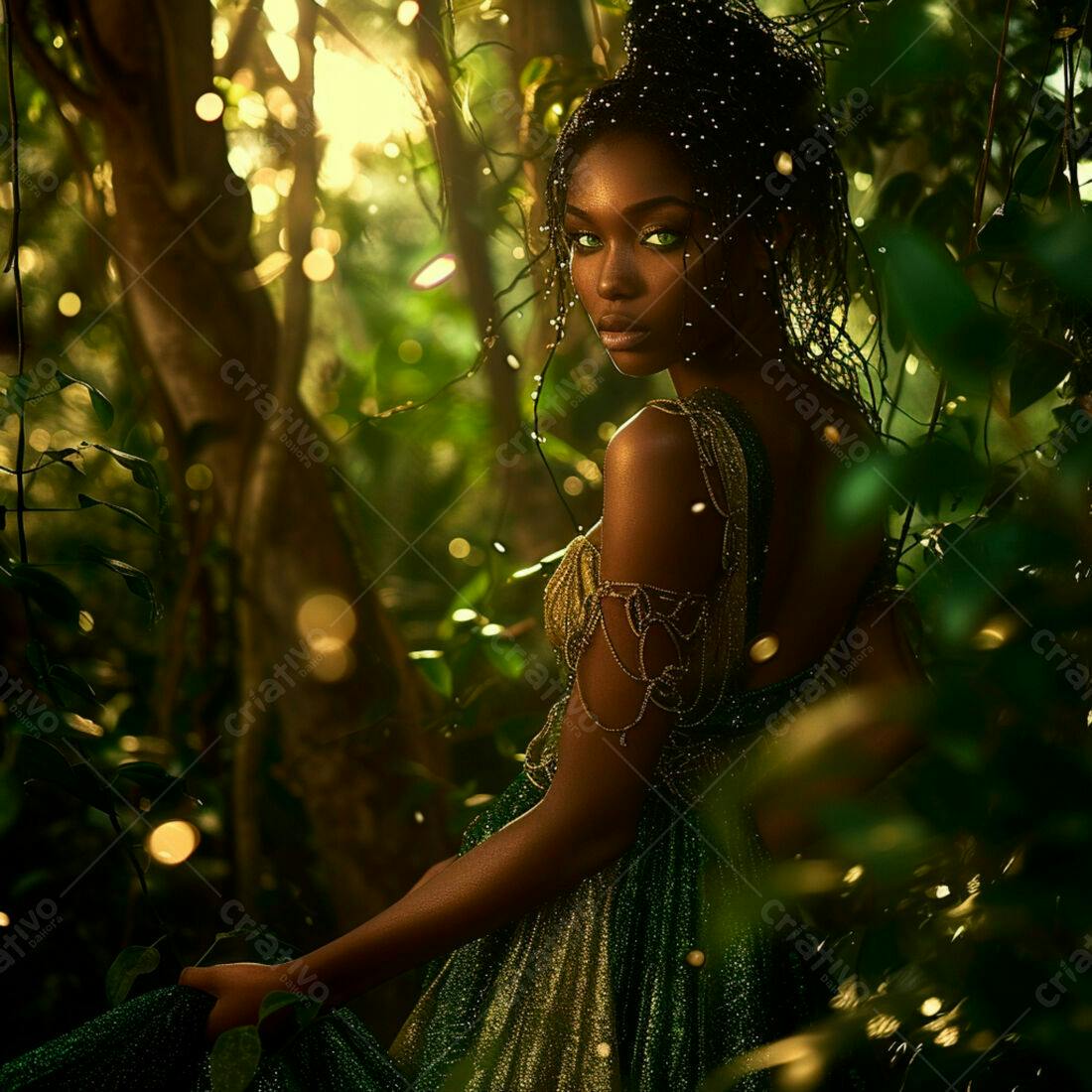 Modelo negra em vestido verde floresta mágica