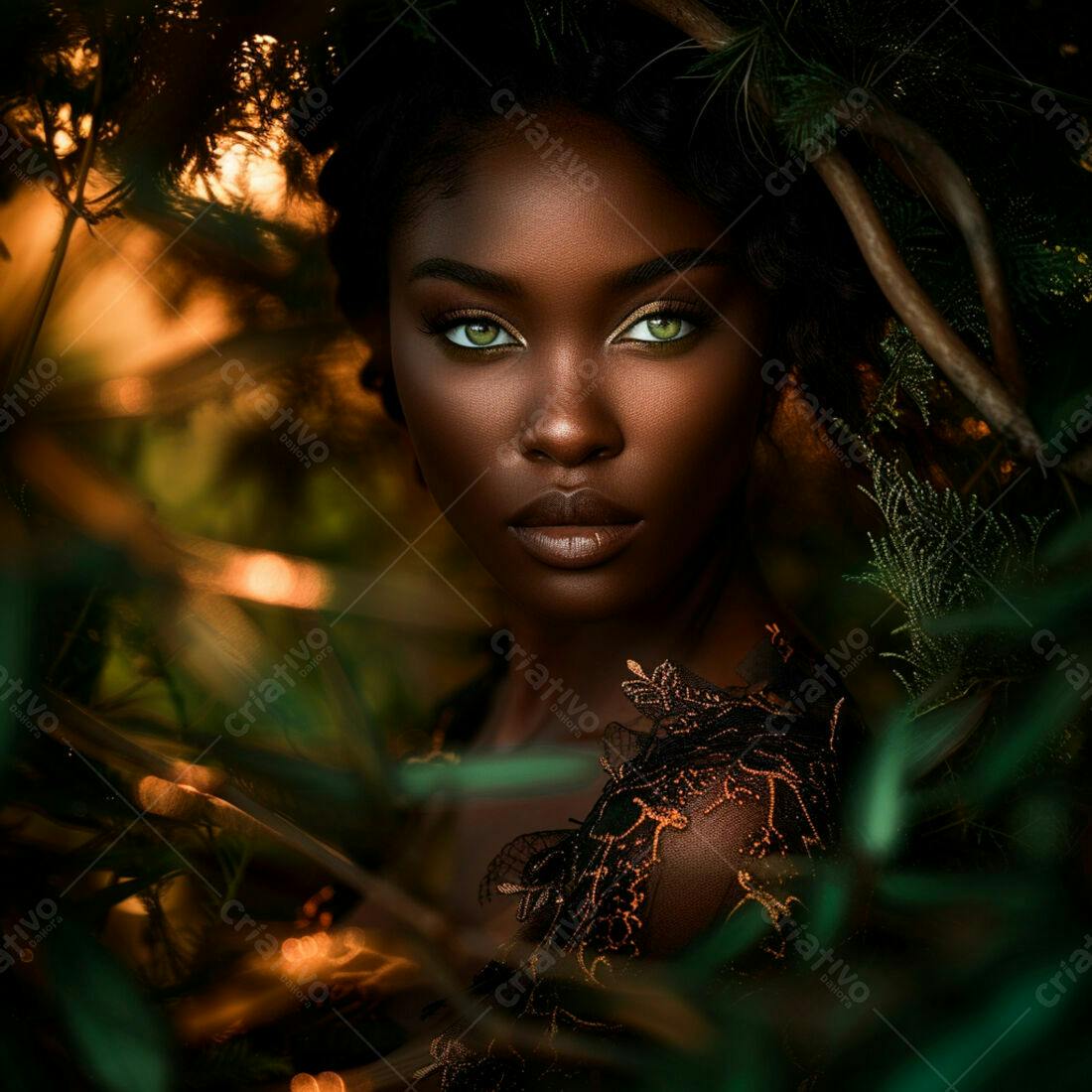 Modelo negra em meio a folhagem verde