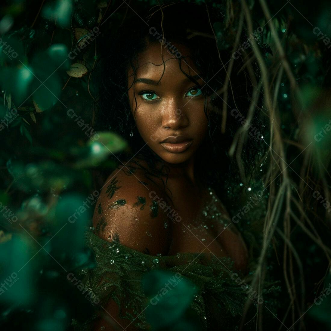 Mulher negra na floresta verde