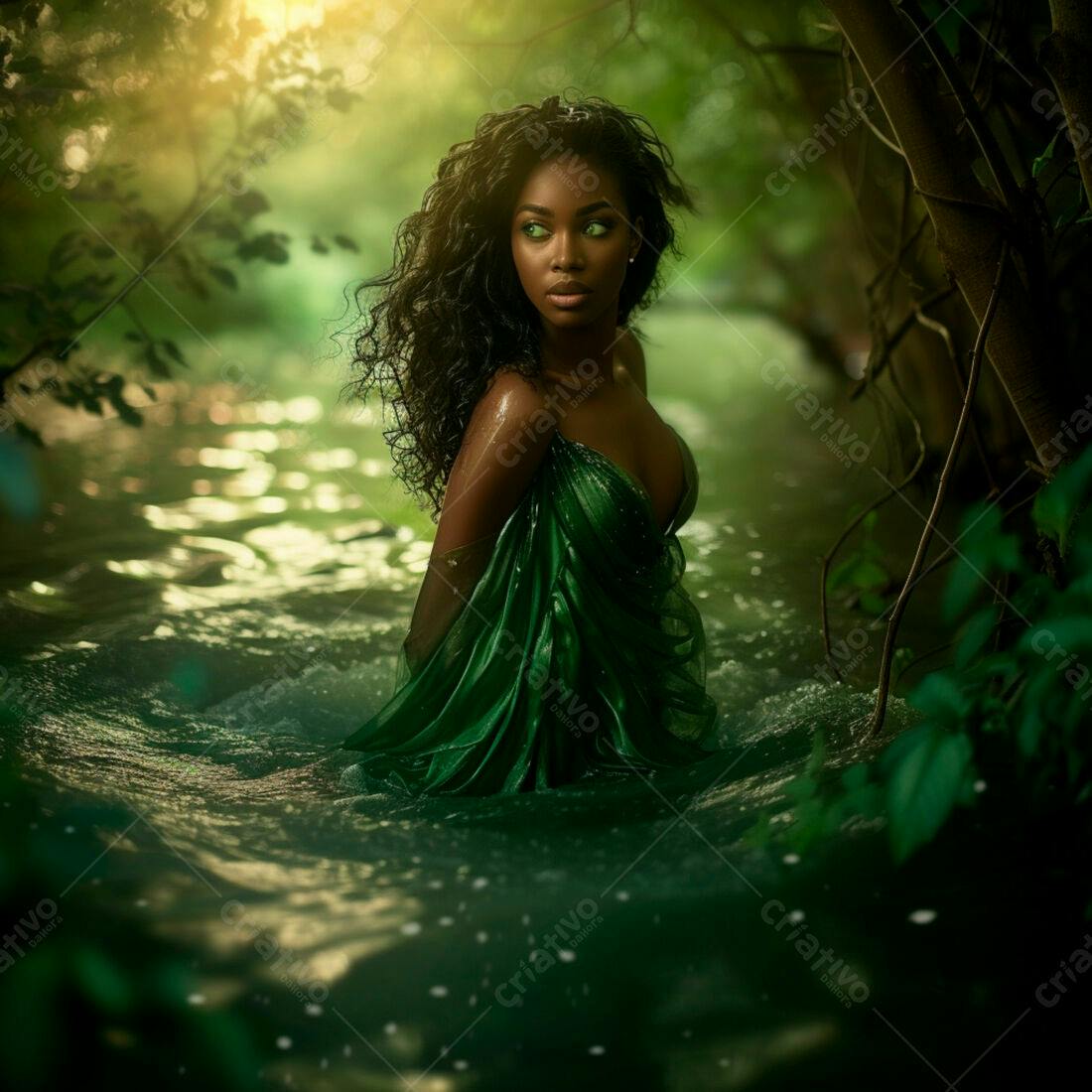 Mulher negra em vestido verde em rio na floresta