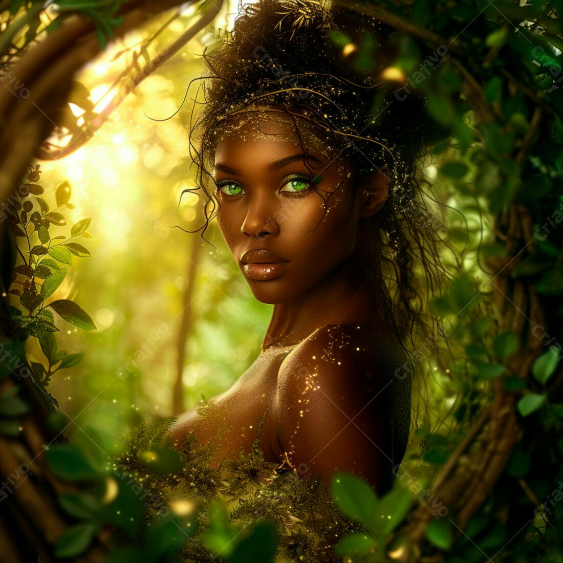 Mulher negra em floresta verde com brilho dourado
