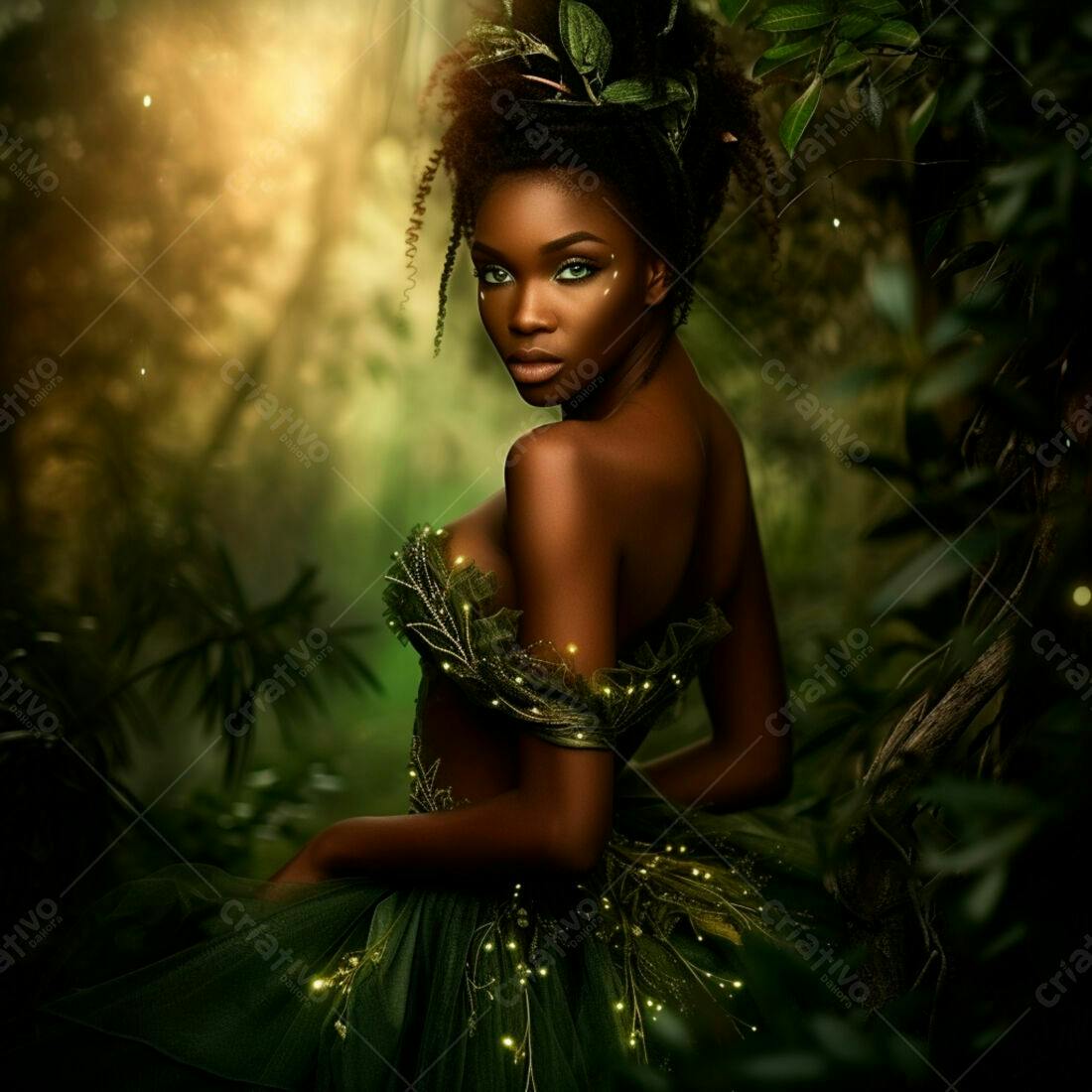 Mulher negra em vestido verde floresta encantada