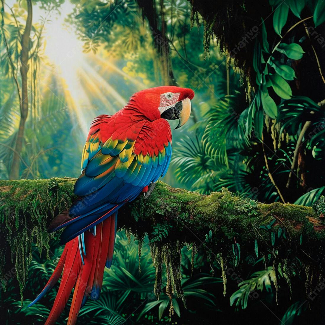Arara-vermelha em galho na floresta tropical