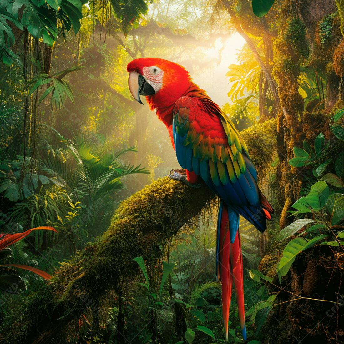 Arara-vermelha em floresta tropical matinal