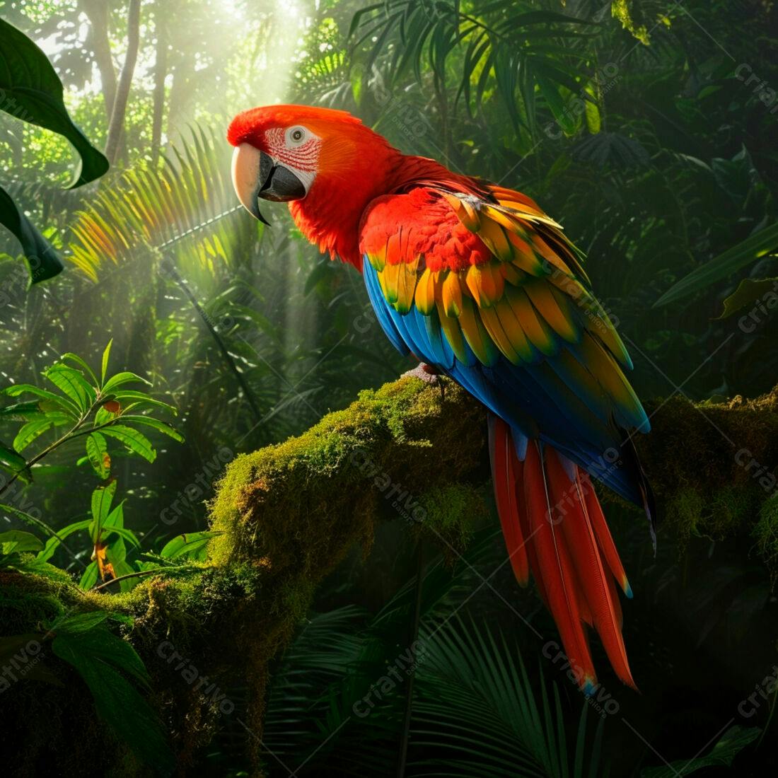 Arara-vermelha em floresta tropical ensolarada