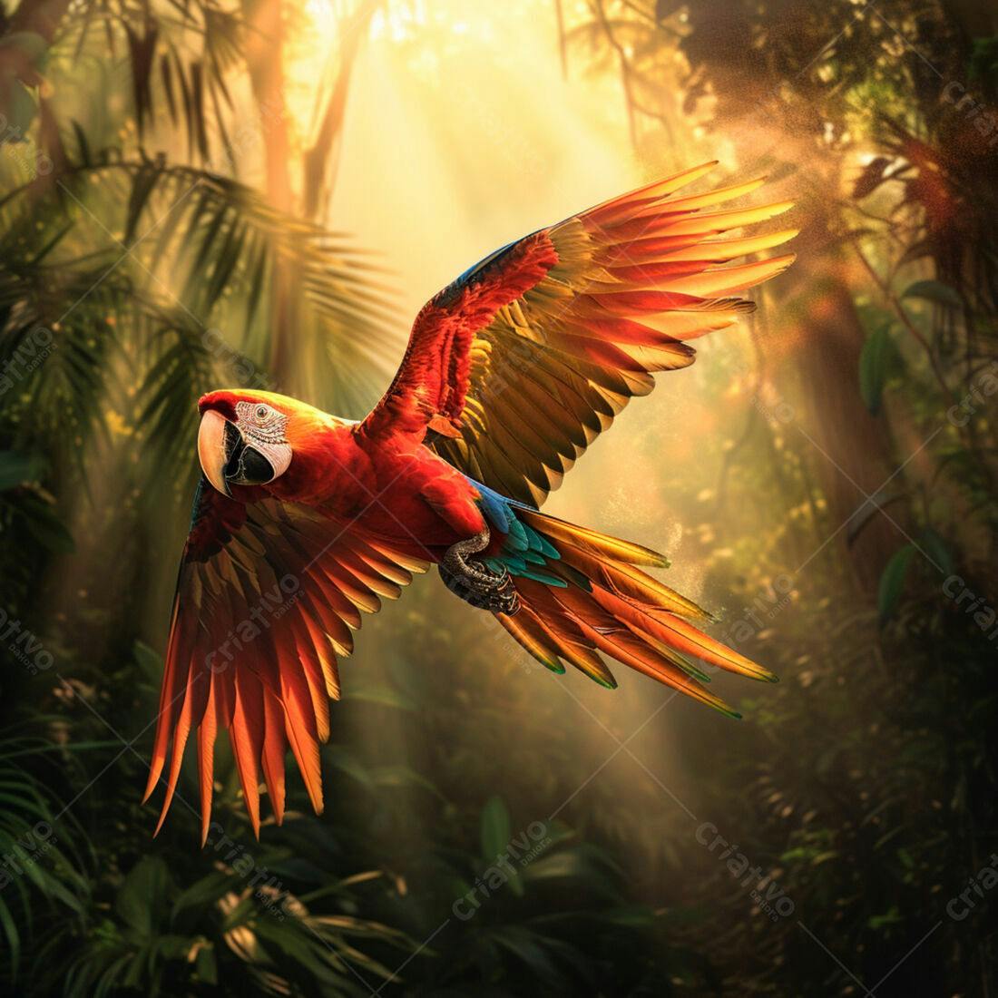 Arara-vermelha voando na floresta tropical