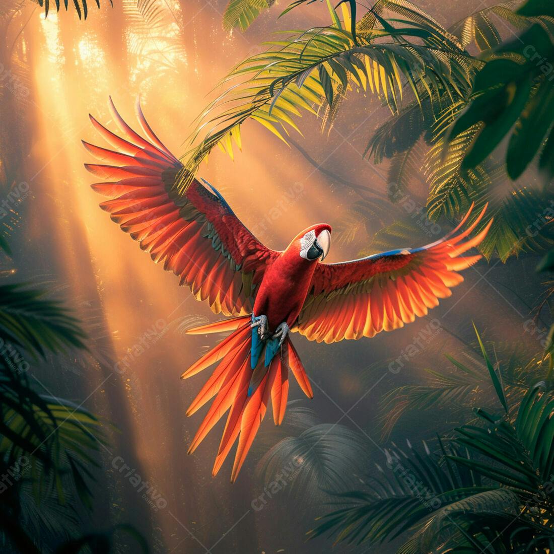 Arara-vermelha em voo na floresta tropical