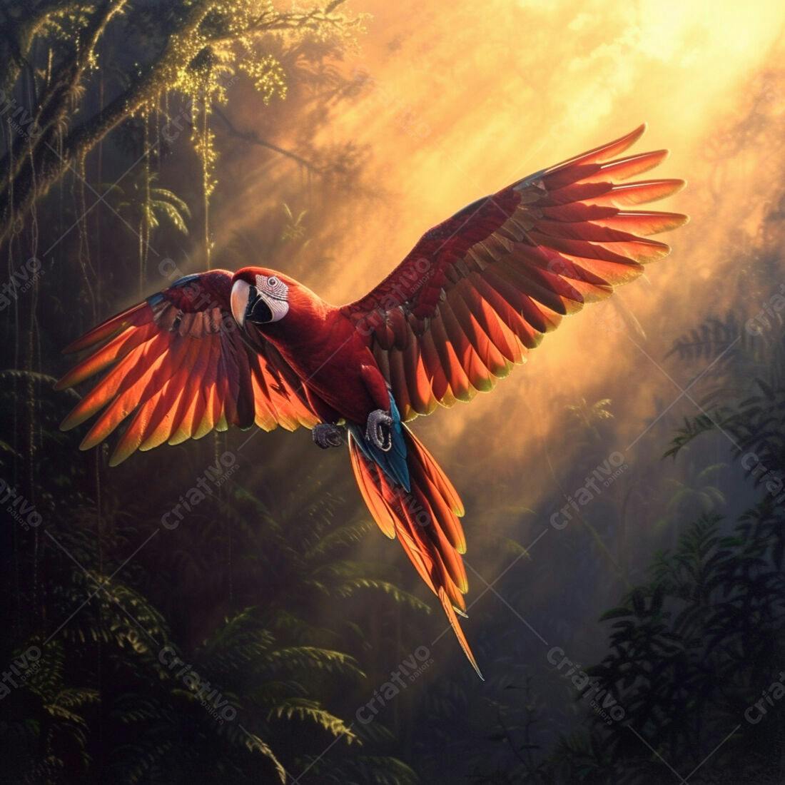 Arara-vermelha voando na floresta ao entardecer