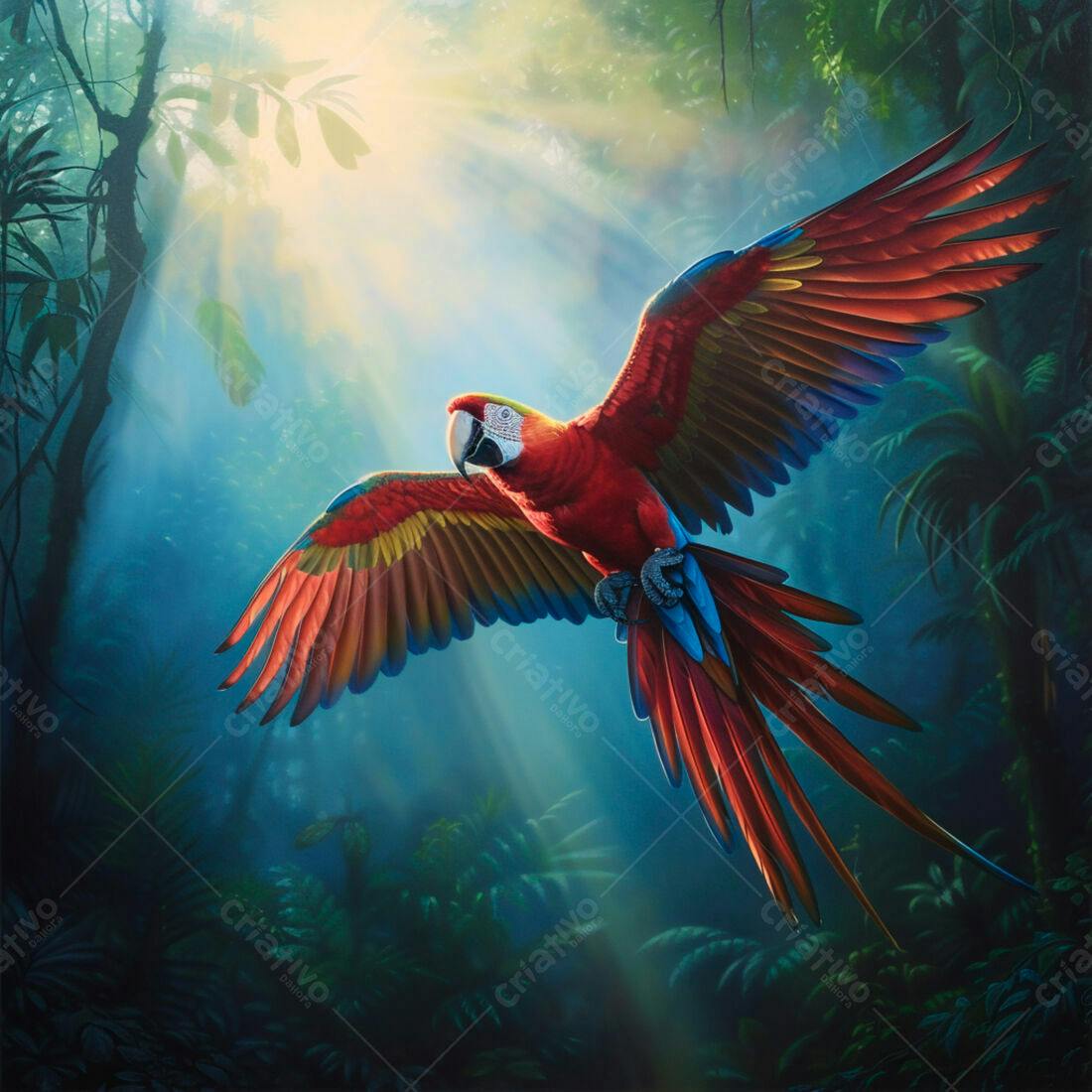 Arara-vermelha em voo na floresta tropical
