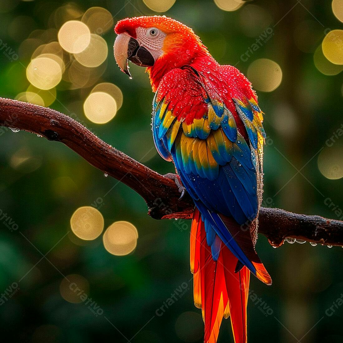 Arara-vermelha vibrante em galho molhado