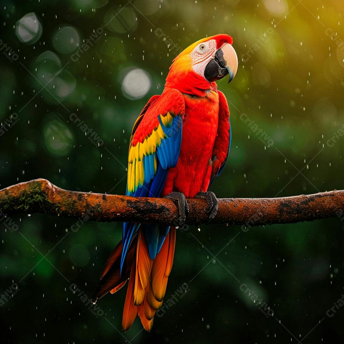 Arara-vermelha na chuva em floresta tropical