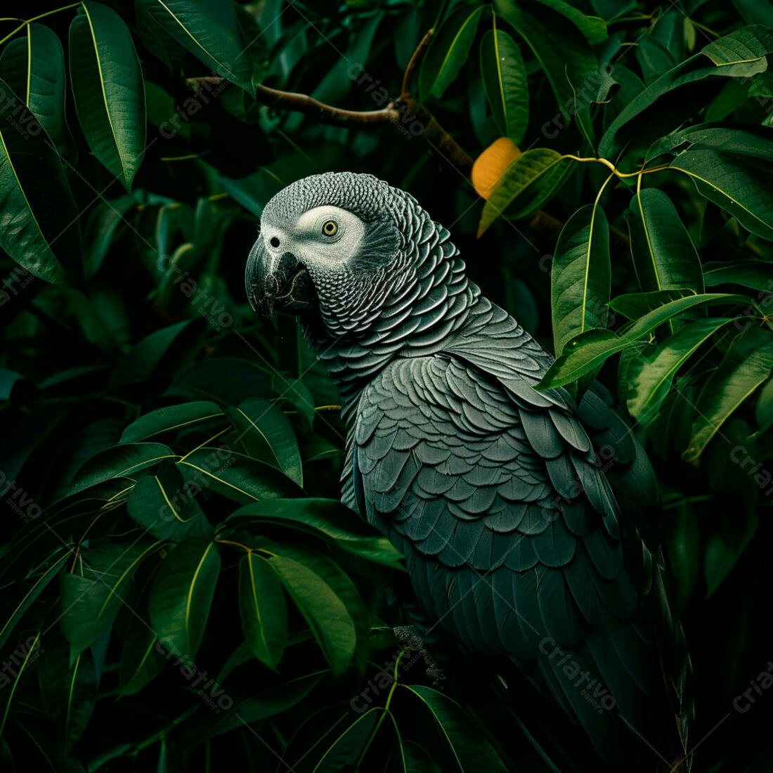 Papagaio Cinza em Folhagem Verde