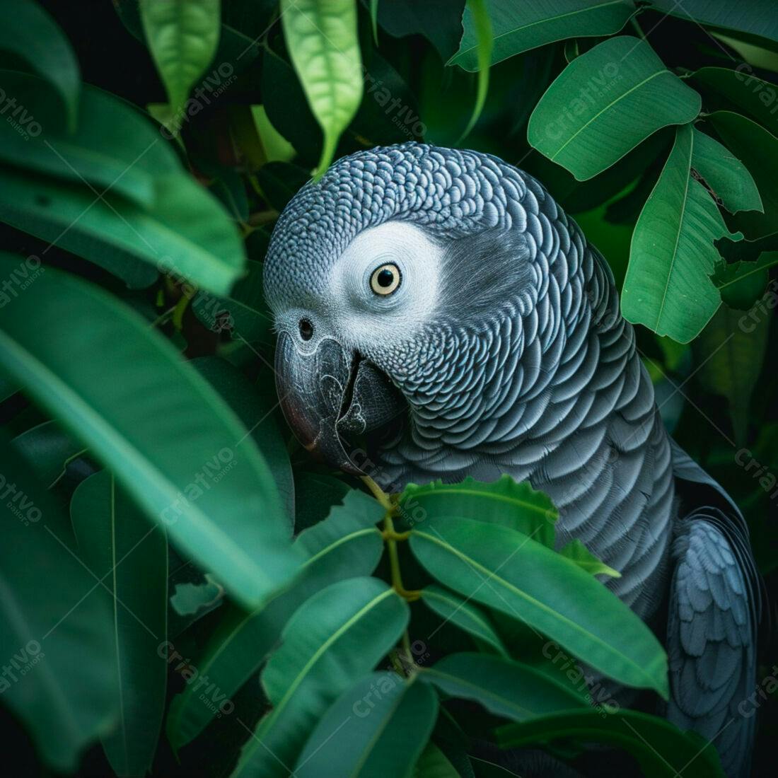 Papagaio Cinzento em Folhagem Verde