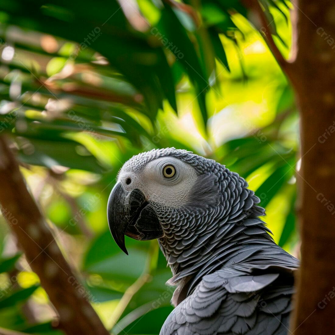 Papagaio Cinza Africano em Folhas Verdes