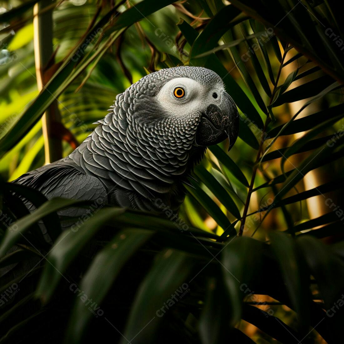 Papagaio Cinza Africano em Folhagem Tropical
