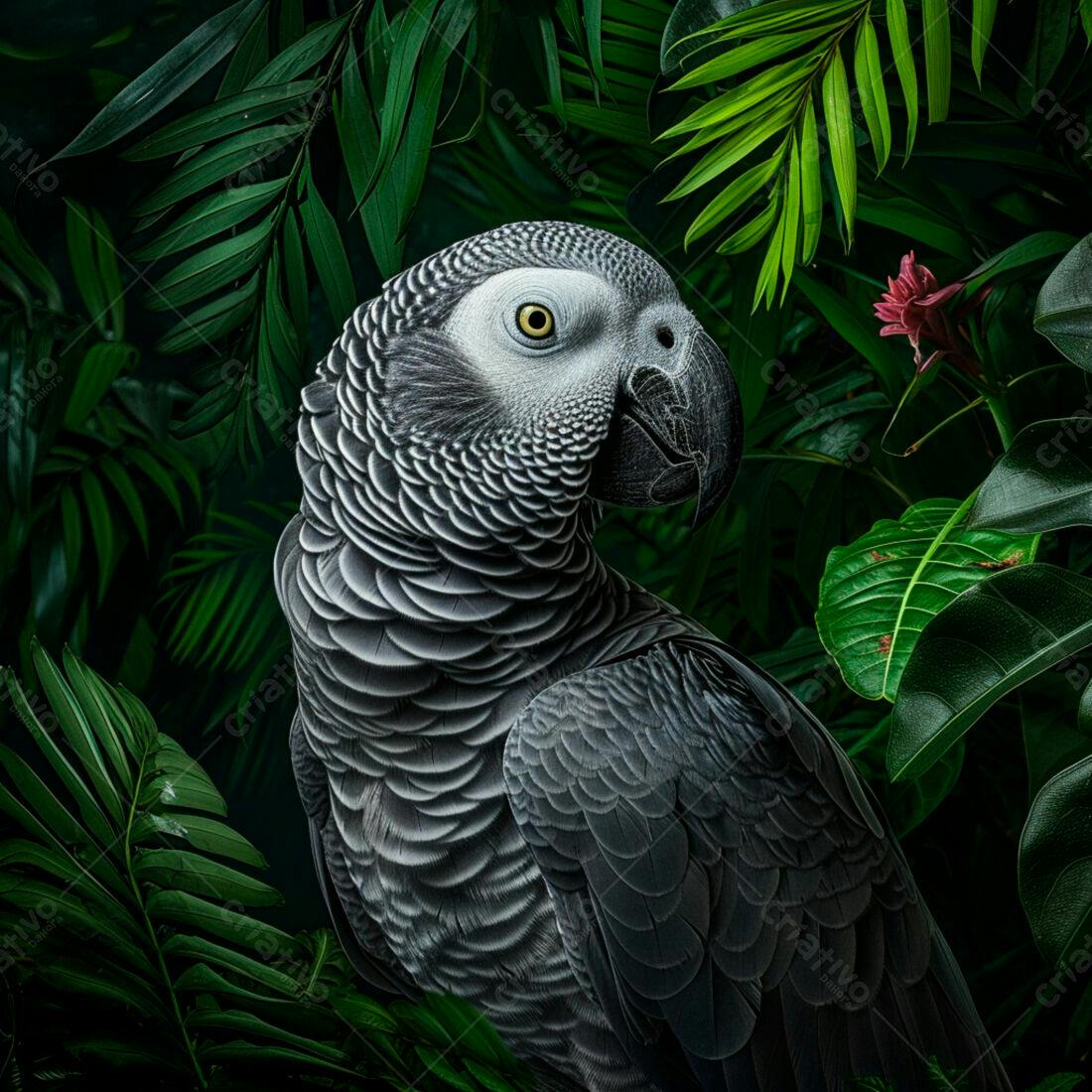 Papagaio Cinza Africano em Folhagem Tropical