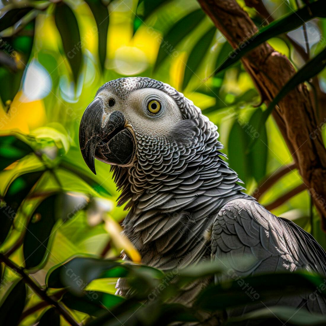 Papagaio Cinza Africano em Folhagem Tropical