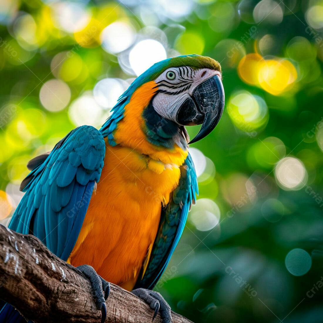 Arara-azul-e-amarela em galho de árvore
