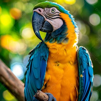 Close up de uma arara azul e dourada em uma selva tropical 3
