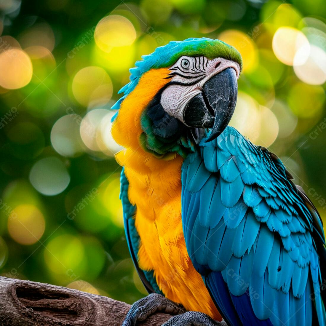 Arara-azul-e-amarela em tronco de árvore