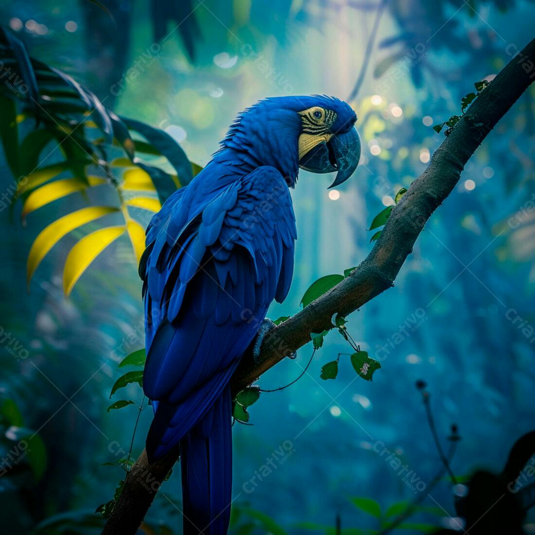 Arara-azul em galho na floresta
