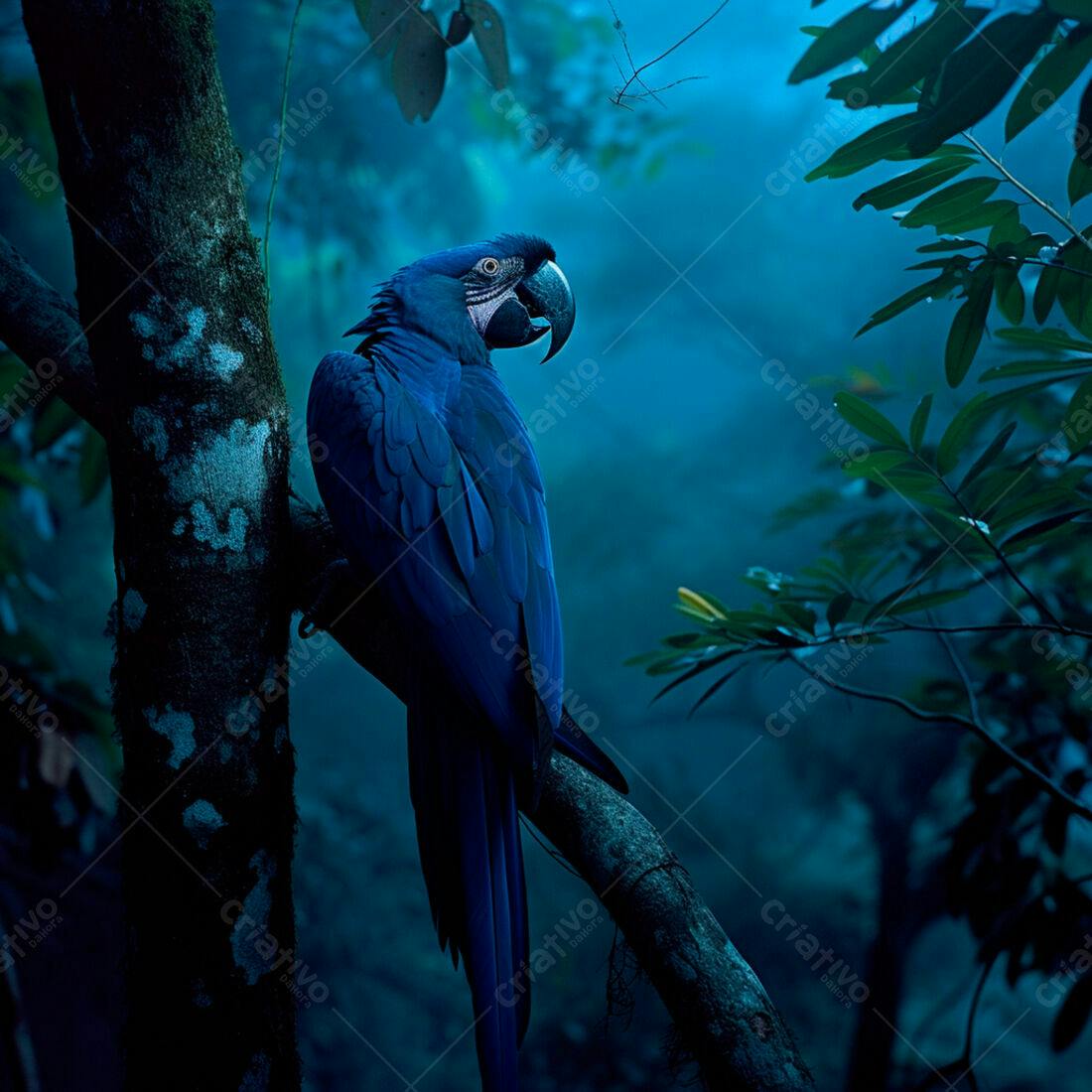 Arara-azul em galho na floresta noturna