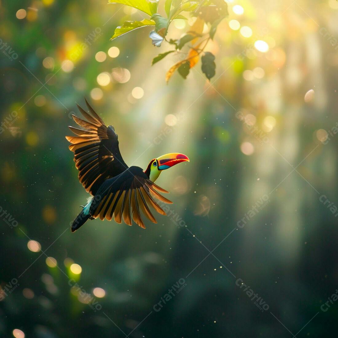 Tucano em voo na floresta tropical