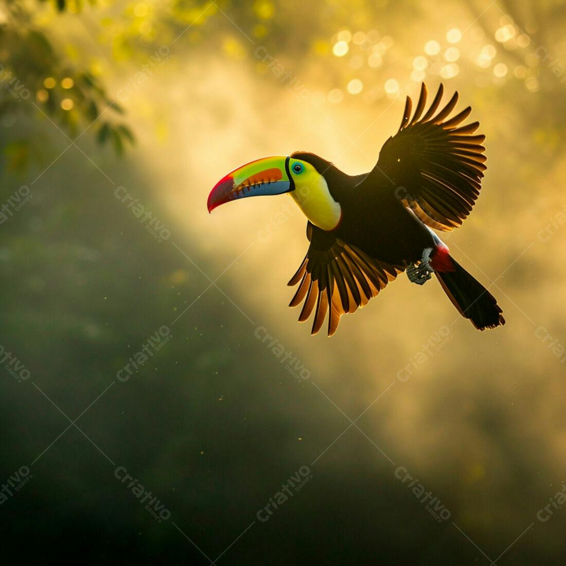 Tucano em voo ao amanhecer na floresta