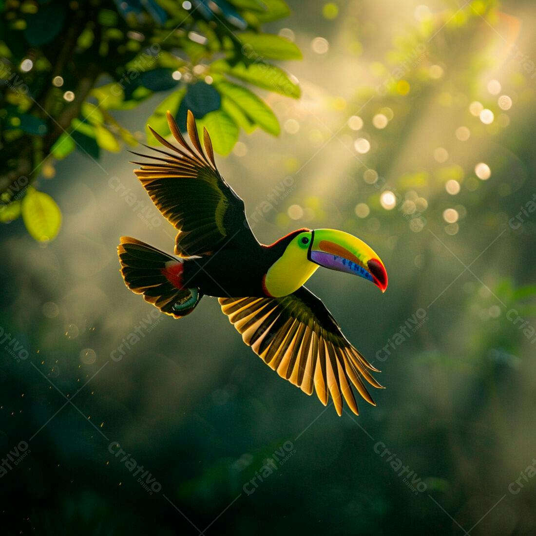 Tucano em voo na floresta tropical