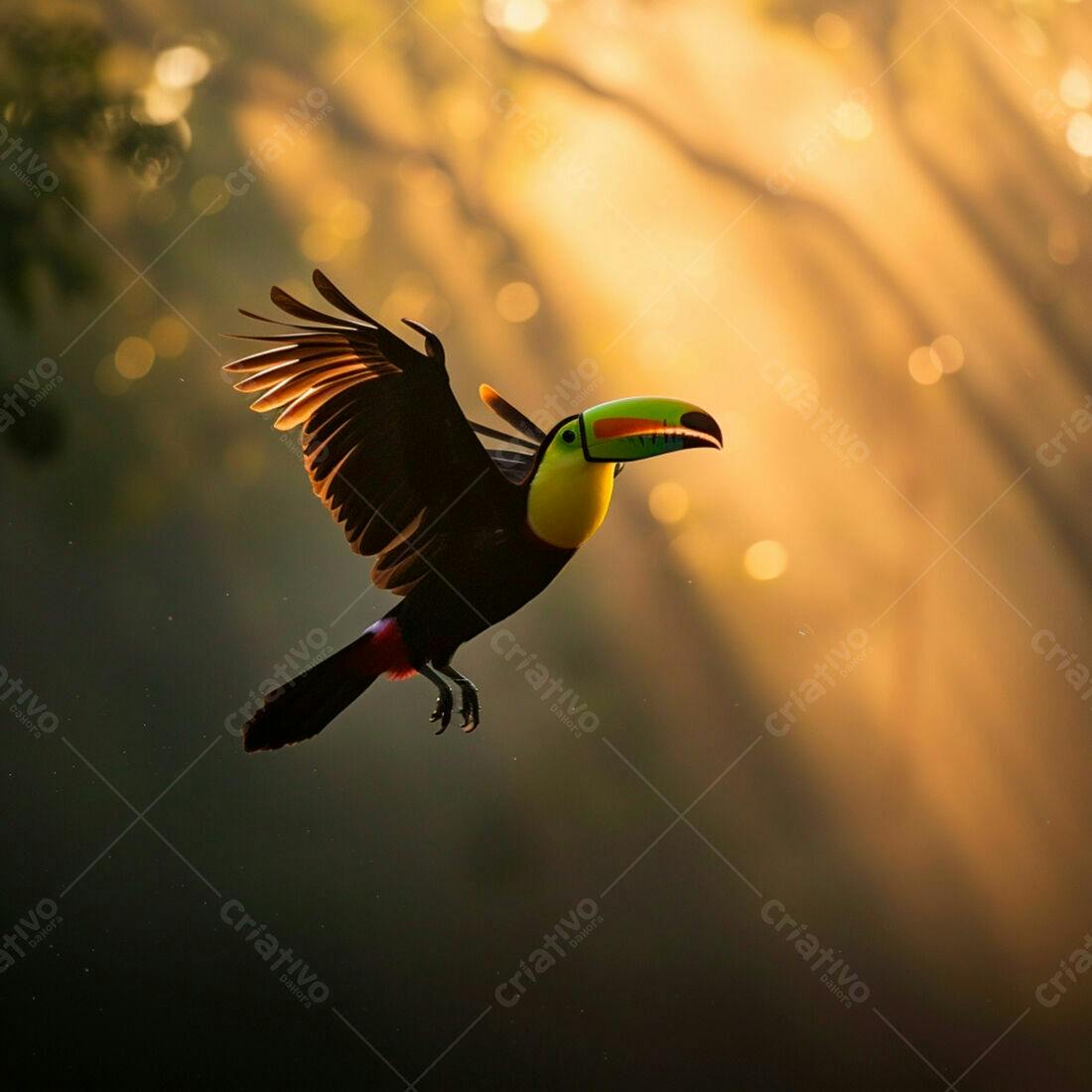 Tucano voando ao amanhecer na floresta