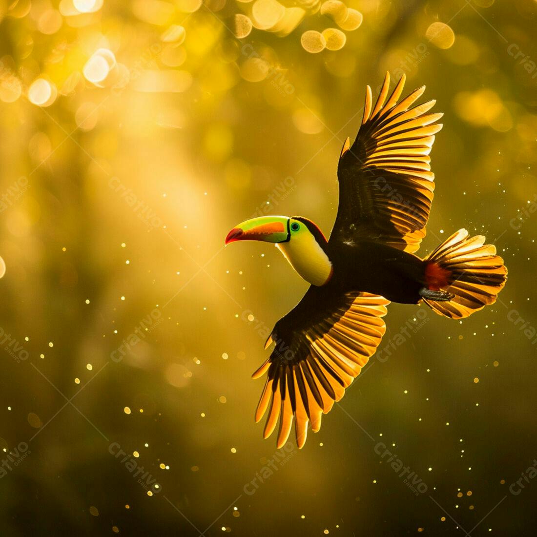 Tucano em voo dourado ao amanhecer
