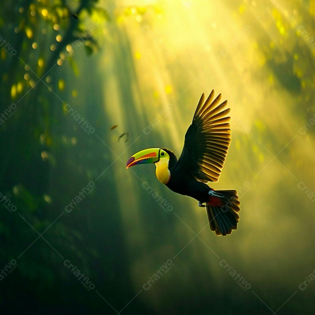 Tucano em voo na floresta tropical