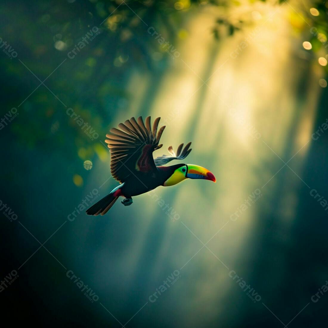 Tucano em voo na floresta tropical