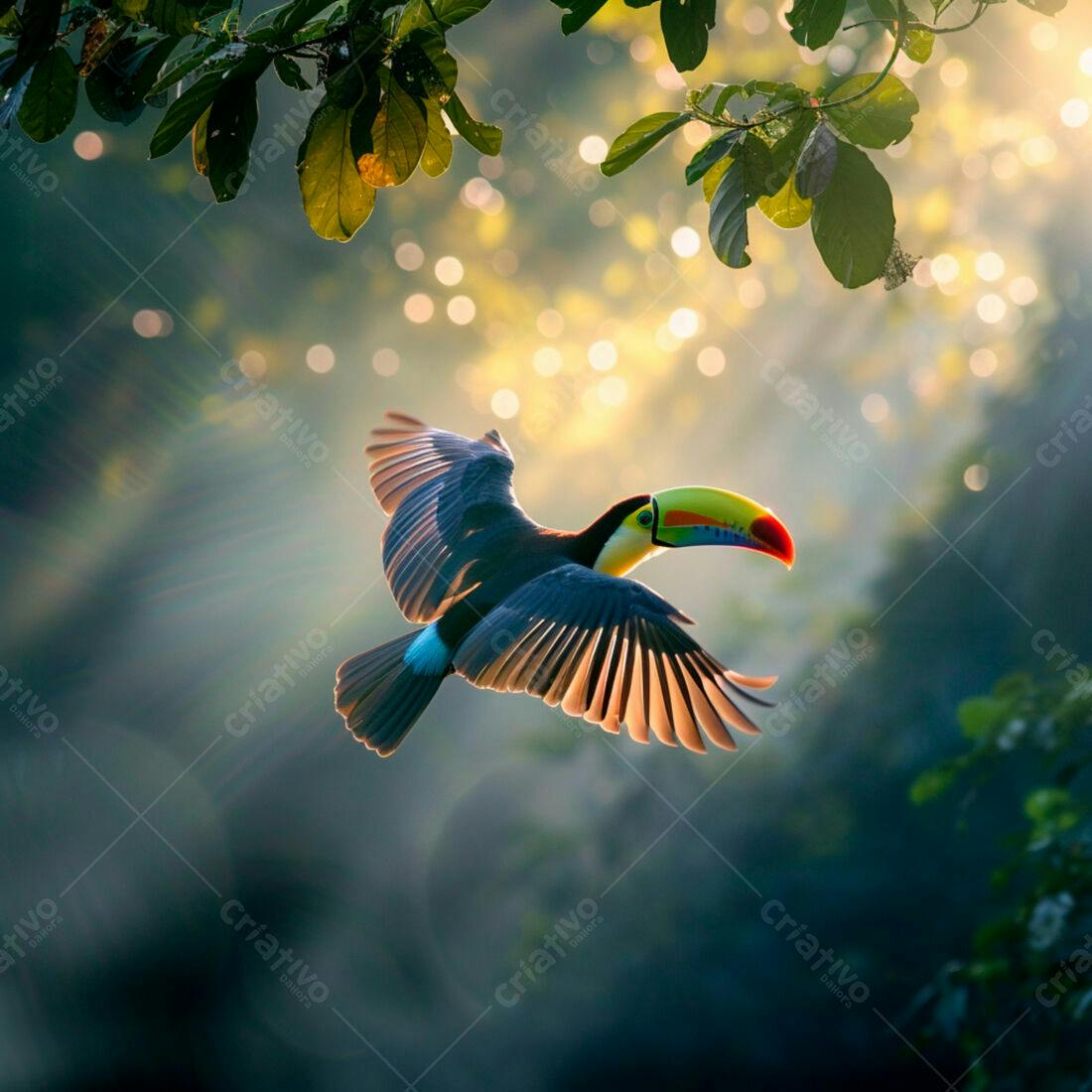 Tucano em voo no amanhecer da floresta