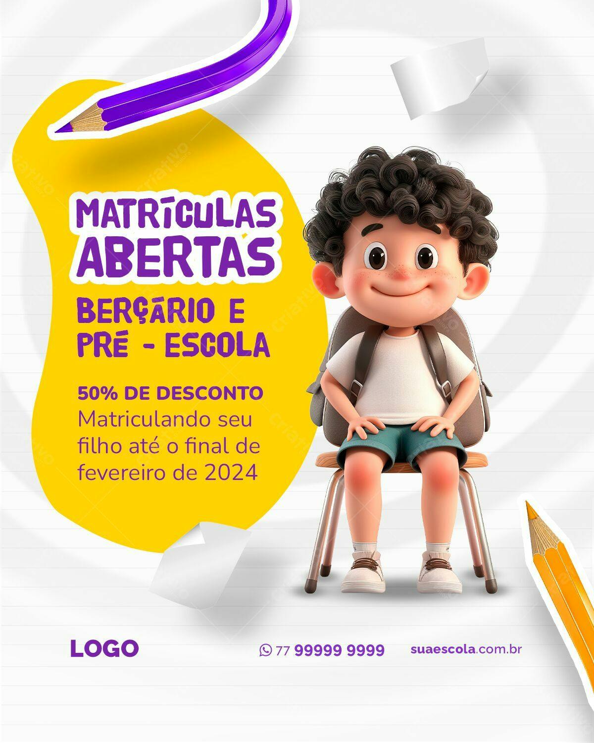 Flyer Matrículas Abertas Berçário e Pré-Escola PSD Editável