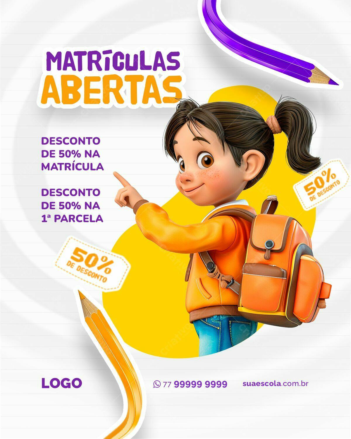 Flyer Matrículas Abertas com 50% de Desconto PSD Editável