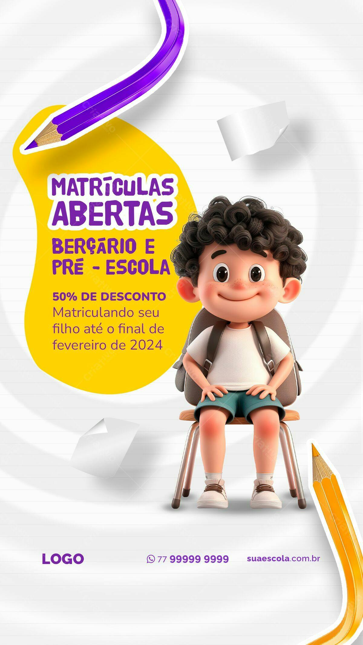 Flyer Matrículas Abertas Berçário e Pré-Escola PSD Editável