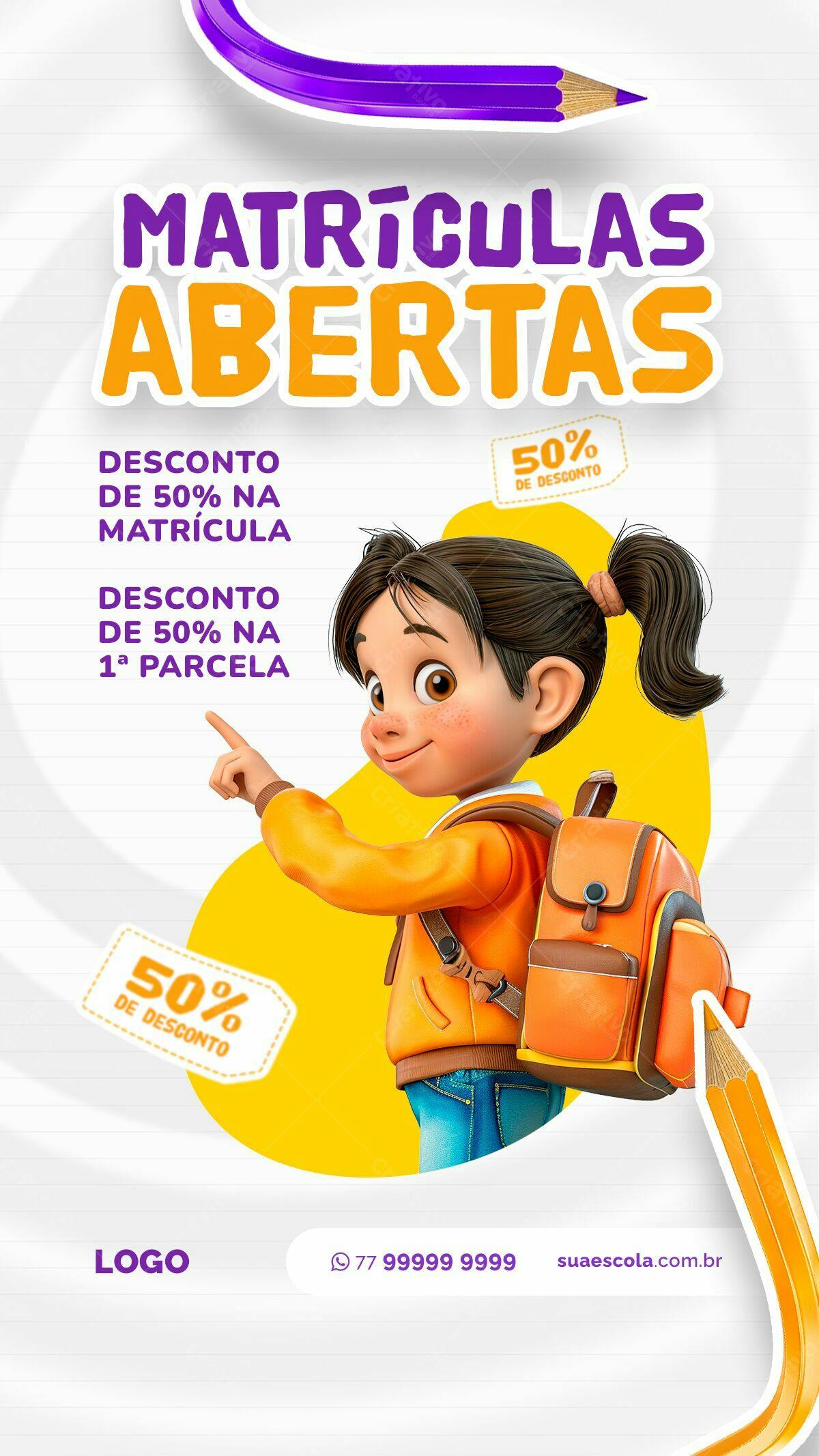 Flyer Matrículas Abertas com 50% de Desconto PSD Editável