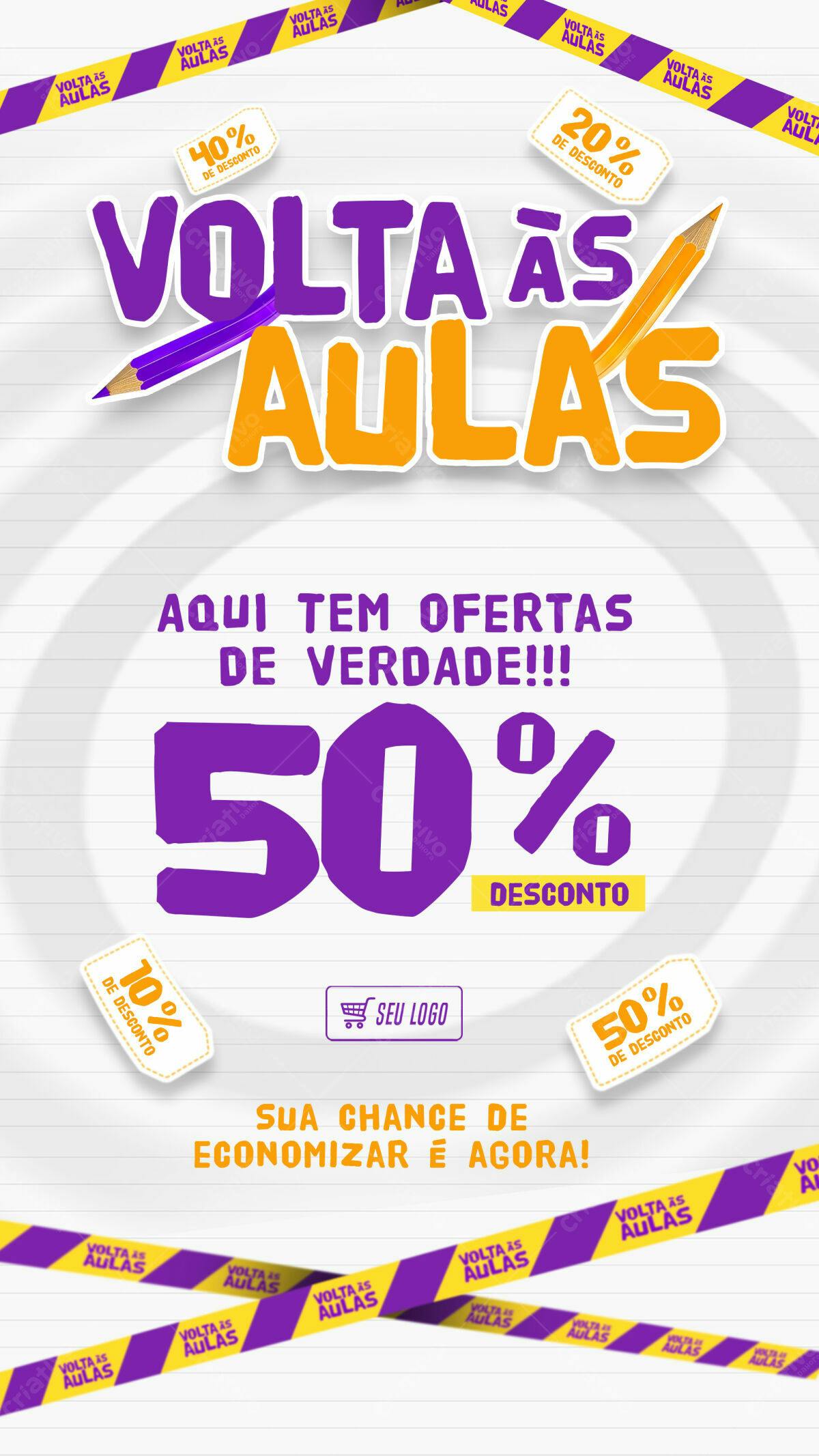 Flyer Volta às Aulas com 50% de Desconto PSD Editável